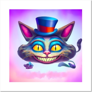 Alice in Wonderland Cheshire cat floating on pink clouds Posters and Art